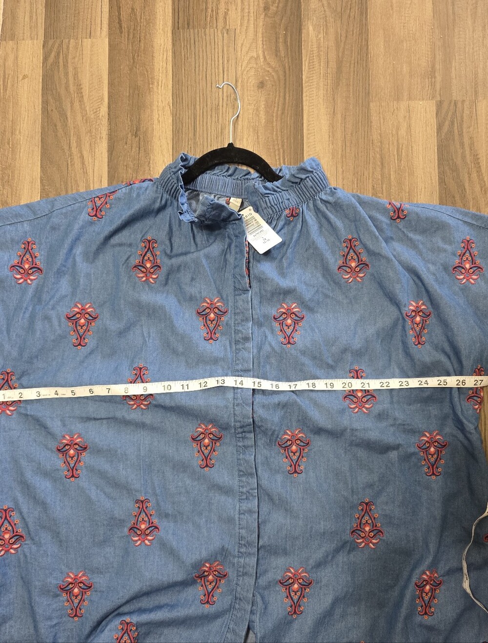 torrid Belle Isle Chambray Buttin Front Shirt with Pink Embroidery